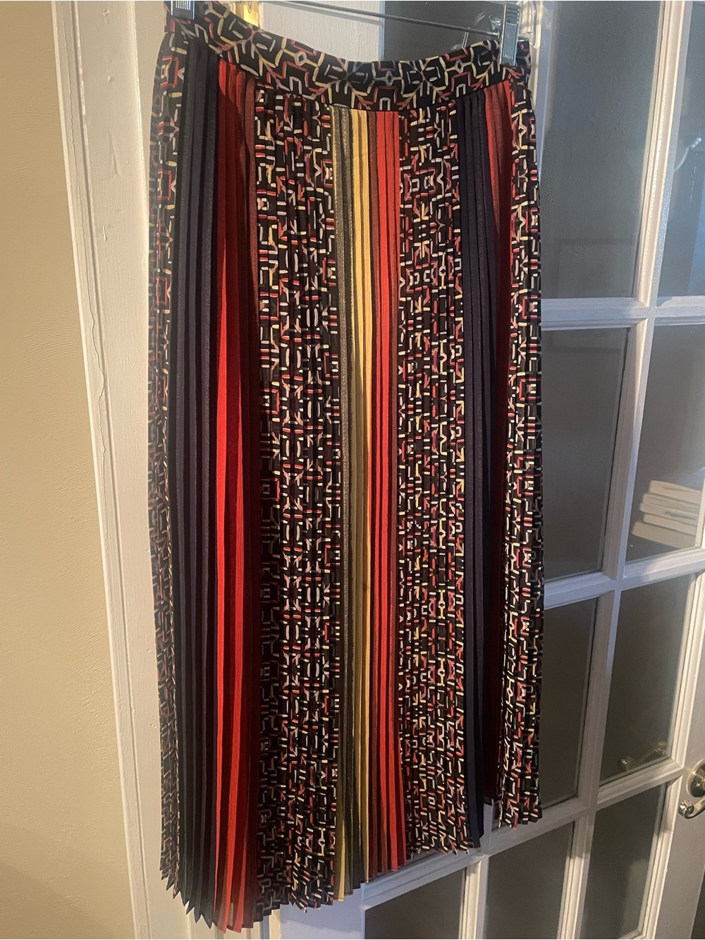 BCBGMaxAzria Mixed Print Geo & Stripe Midi Skirt in Red, Black, Gold